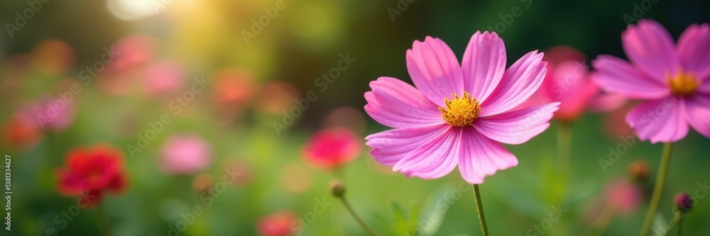 Delicate cosmos blossoms, vibrant hues, garden setting, leaf, pastel Delicate cosmos blossoms, vibrant hues, garden setting, leaf, pastel
