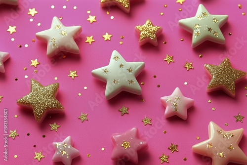 Colorful Star-Shaped Decorations on Pink Background Create a Whimsical Atmosp...