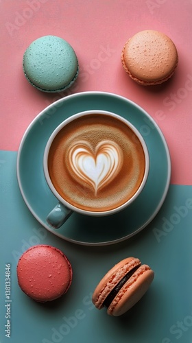 Beautiful Latte Art With Colorful Macarons on Pastel Background at a Cozy Cafe
