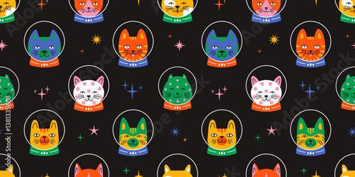 Vectr whimsical seamless pattern of cute cartoon cats astronaut in space suits floating among stars. Colorful cosmic kitten design perfect for kids textiles or wallpaper. Wrapping paper design.