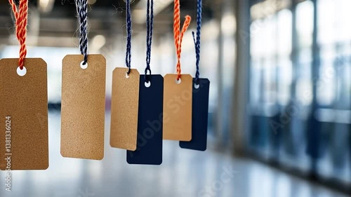 Collection of blank hanging tags in a modern workspace with blurred background