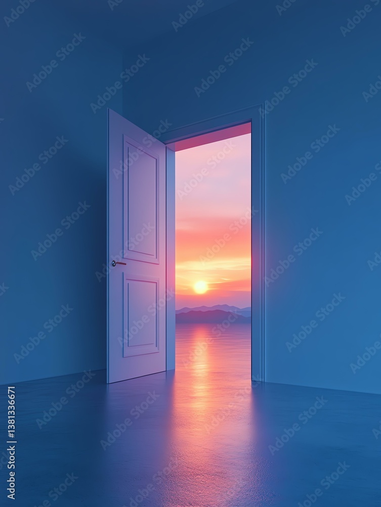 A door opens to a vibrant sunset view. A door opens to a vibrant sunset view.
