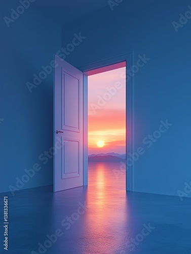 A door opens to a vibrant sunset view.