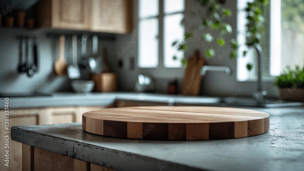 Kitchen countertop featuring an empty wooden board with a blurred interior backdrop. Product podium tabletop. Kitchen countertop featuring an empty wooden board with a blurred interior backdrop. Product podium tabletop.