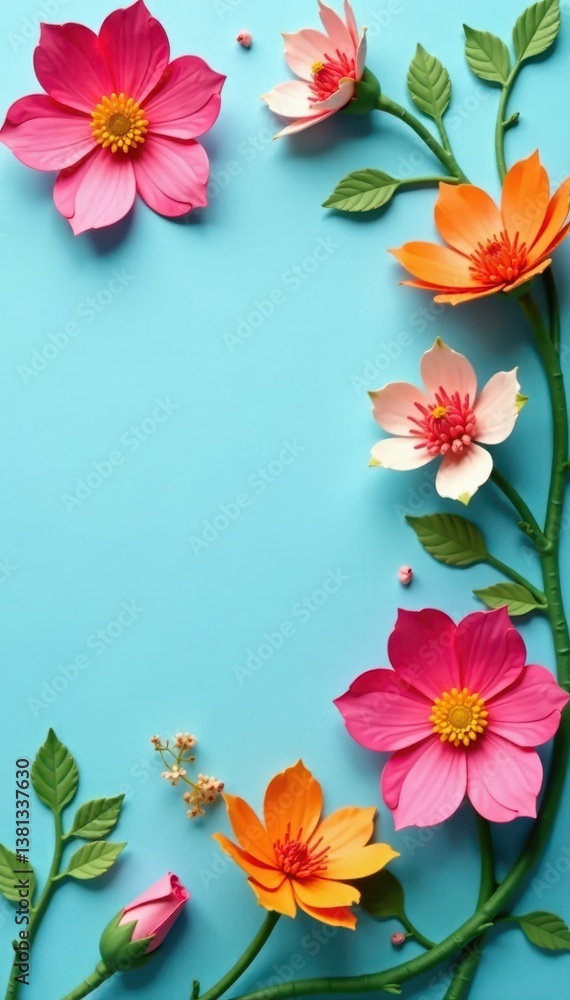 Colorful handmade paper blossoms, light blue background, empty center , artisan, artwork Colorful handmade paper blossoms, light blue background, empty center , artisan, artwork