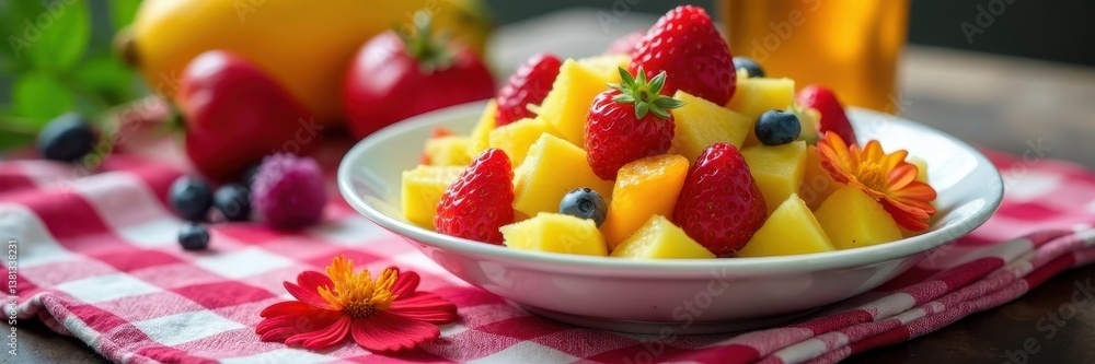 Fresh fruit salad, vibrant flowers, checkered blanket, sunshine, blanket Fresh fruit salad, vibrant flowers, checkered blanket, sunshine, blanket