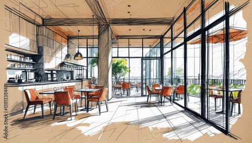 Restaurant interior ink sketch. Tables chairs sit empty. Large windows let light inside. Neutral colors with brown floor. Bar counter is visible.