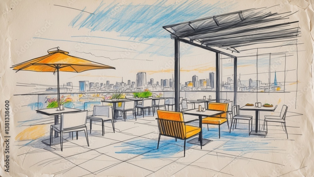 Fototapeta premium Sketch of rooftop restaurant overlooking city. Terrace features tables, chairs, umbrella and roof. Hand drawn colored pencil illustration with sky background.