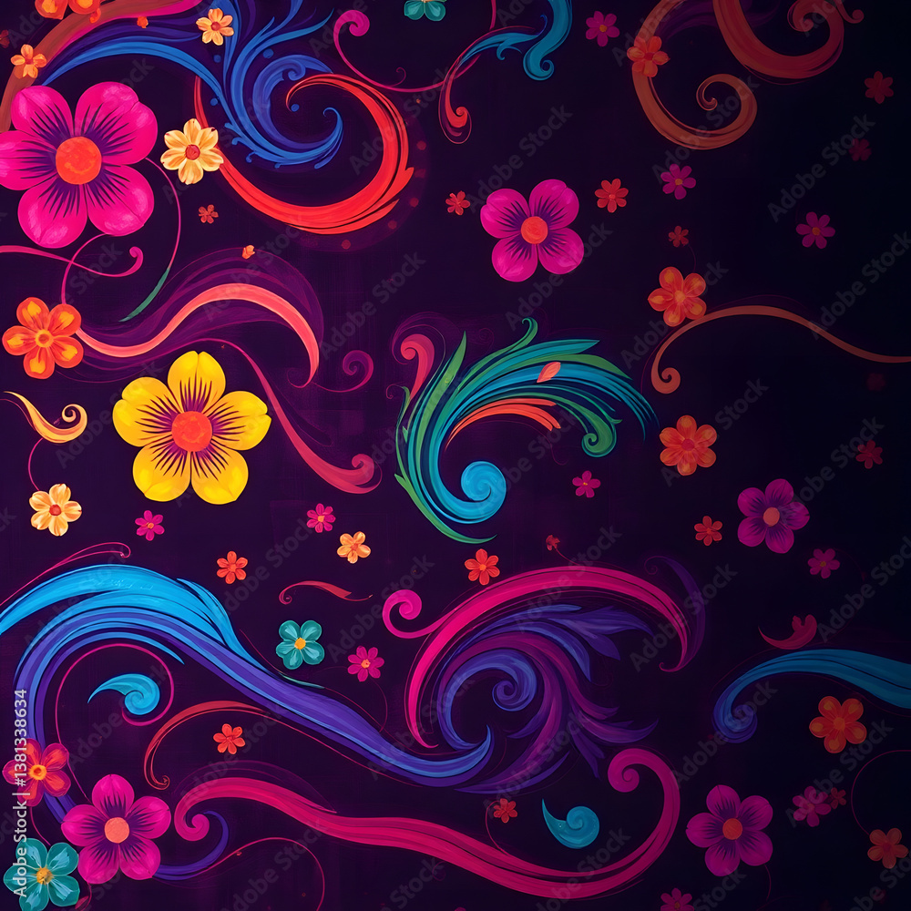 Abstract colorful background with swirling patterns of flowers, waves, and abstract shapes art illustration design Abstract colorful background with swirling patterns of flowers, waves, and abstract shapes art illustration design