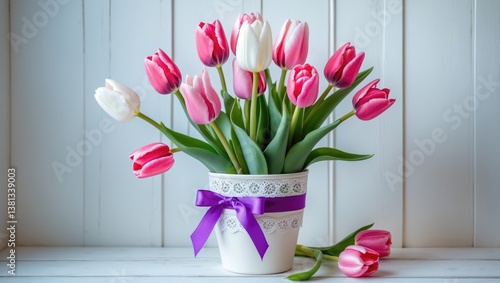 Pink tulip against a white background.