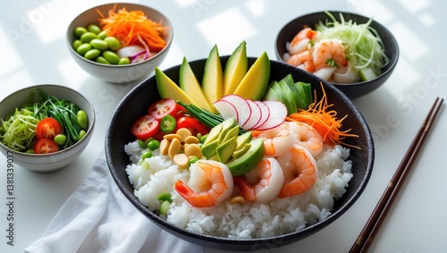 Poke bowls featuring vegetables and seafood arranged for a balanced diet, set against a white table background, viewed from above.