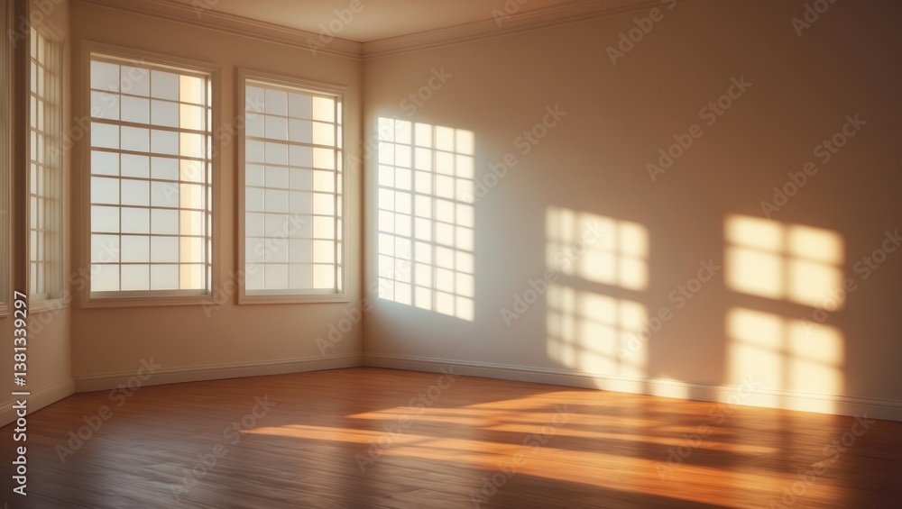 Obraz premium A minimalist interior with warm sunlight pouring through large windows, creating soft, geometric shadows on wooden floors and neutral walls, resulting in a cozy and serene atmosphere.