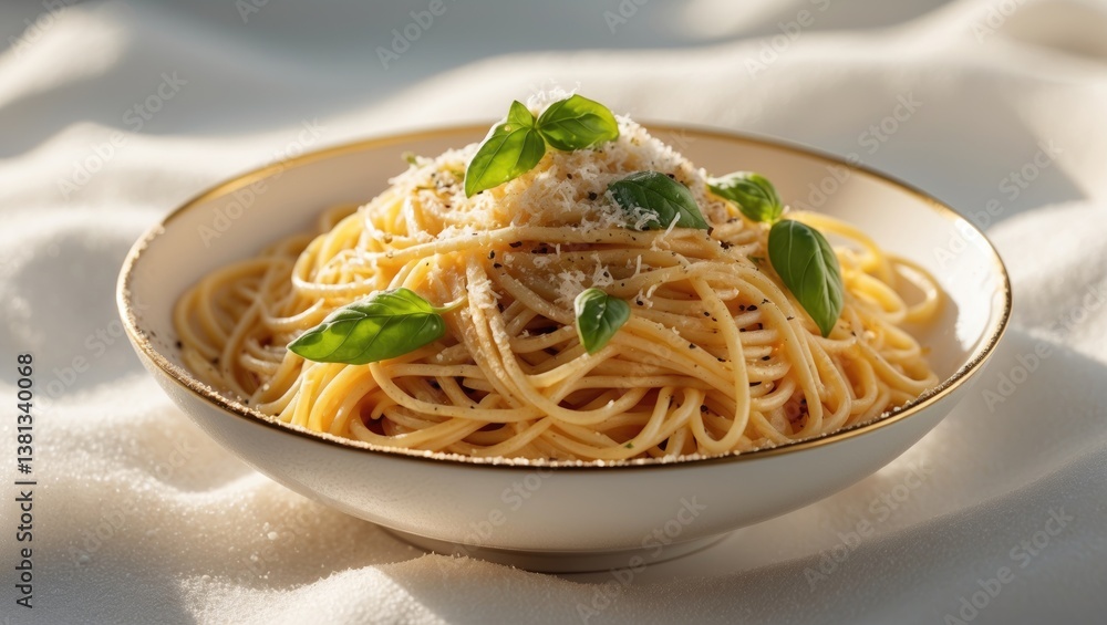 Plate featuring delicious pasta carbonara against a white background. Plate featuring delicious pasta carbonara against a white background.