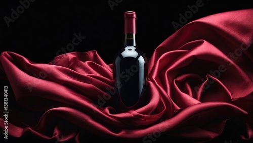 Bottle of red wine and drapes of red fabric on a black background.