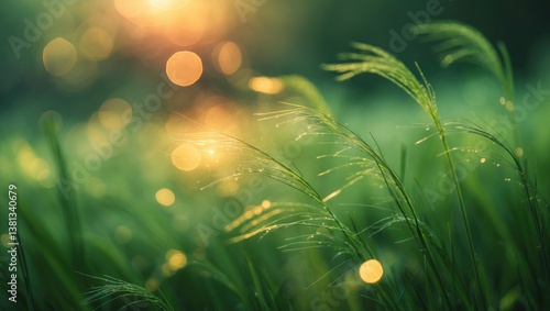 Blooming grasses swaying in the breeze against a soft green backdrop illuminated by sunlight, representing the allergy season and providing space for text or products.