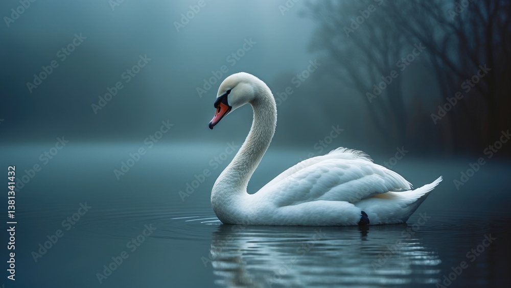 Fototapeta premium Profile of a white swan on a blue misty lake.