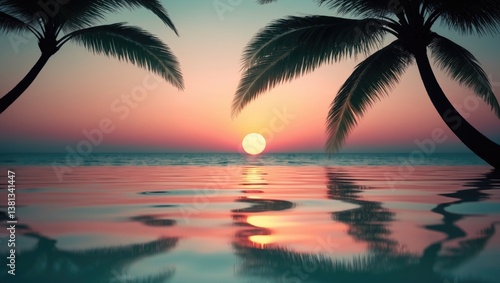 Fototapeta Naklejka Na Ścianę i Meble -  Stunning sunset beach scene, exotic tropical island nature, blue sea water, ocean waves, vibrant sky, palm tree silhouettes, golden sun glow reflection, holiday.