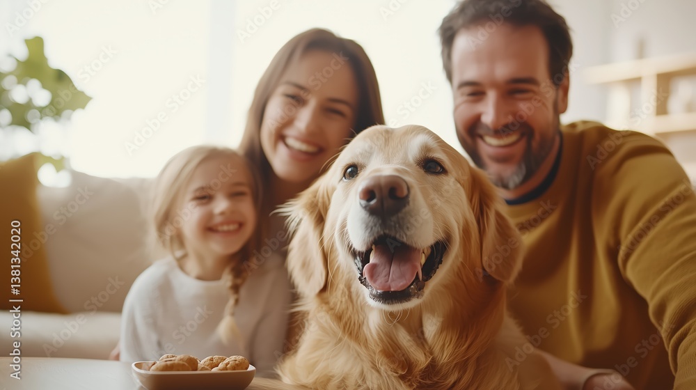 A warm family moment with dog in cozy living room A warm family moment with dog in cozy living room