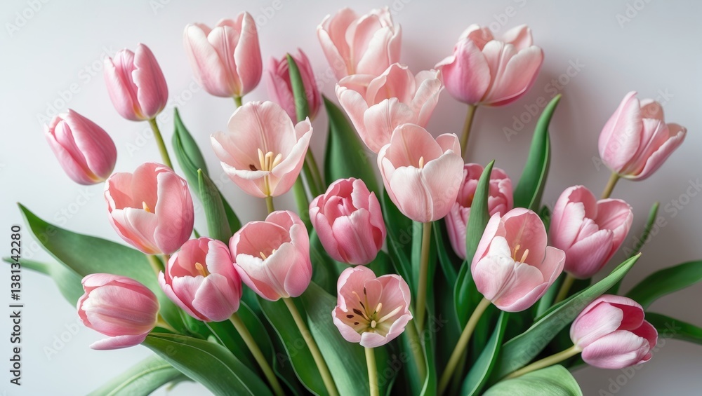 Obraz premium Arrangement of pink tulips on a white background