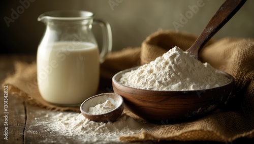 Portion of milk powder placed on a wooden table