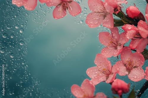 Blooming Cherry Blossoms Adorned With Raindrops in a Serene Backdrop