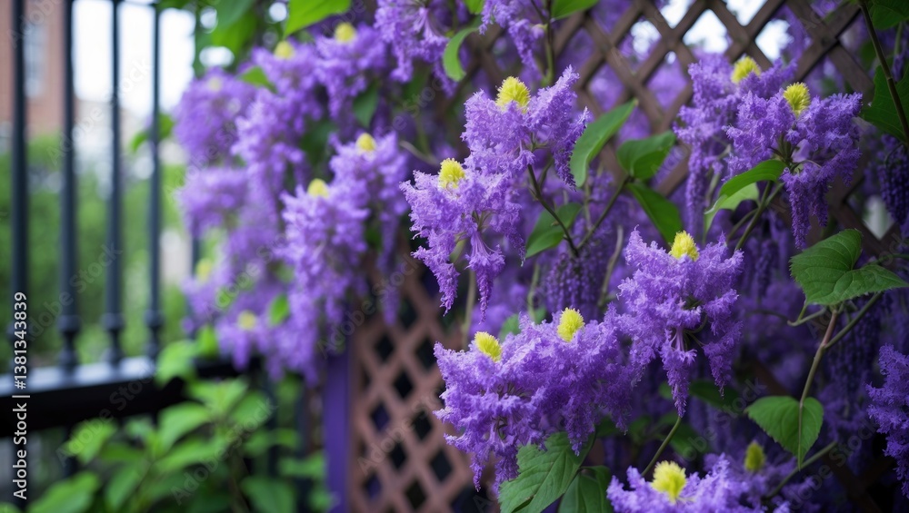 Obraz premium Stunning purple Crape Myrtle display. This remarkable deciduous shrub or small tree features vibrant, eye-catching purple flowers that drape down its branches like a lavender waterfall.