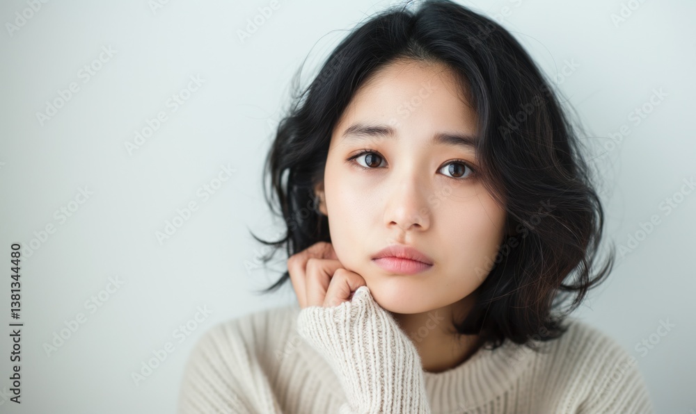 Young woman with soft features and wavy hair looking thoughtfully at the camera in a cozy sweater, expressing emotions and vulnerability, portrait photography concept Young woman with soft features and wavy hair looking thoughtfully at the camera in a cozy sweater, expressing emotions and vulnerability, portrait photography concept