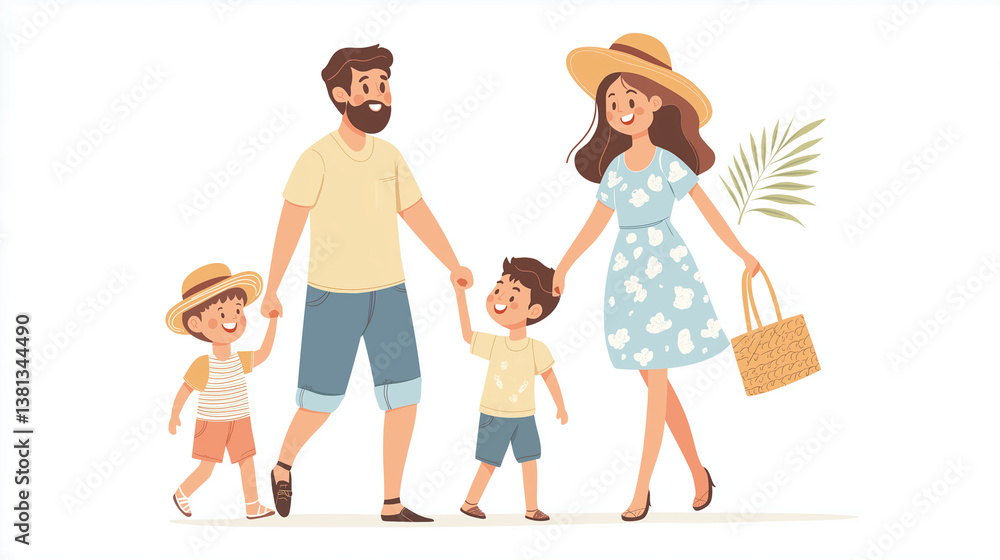 Happy family with kids in summer outfits going on vacation illustration Happy family with kids in summer outfits going on vacation illustration