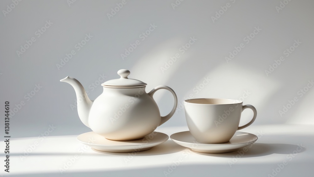 Little white teacup and kettle isolated against a background. Little white teacup and kettle isolated against a background.
