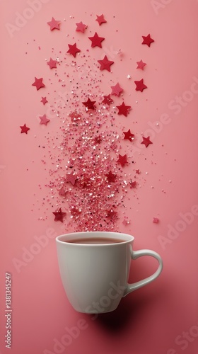 Stars and Sparkles Emerging From a White Cup Against a Pink Background