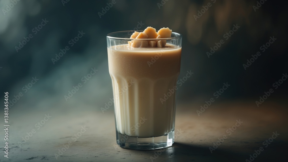 Protein drink with milk and vanilla in a glass jar featuring straws. Protein drink with milk and vanilla in a glass jar featuring straws.