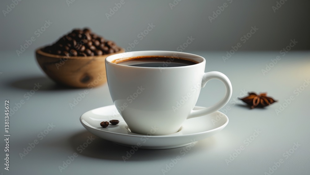 Fototapeta premium Black coffee in a white cup on a saucer placed on a grey table.