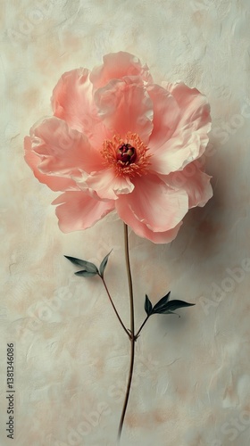 Soft Pink Flower Blooms Against a Textured Neutral Background in a Tranquil S...