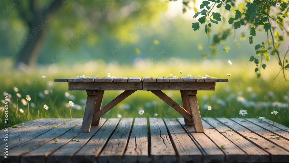 Naklejka premium Place for object on wooden table for picnic in sunny spring meadow