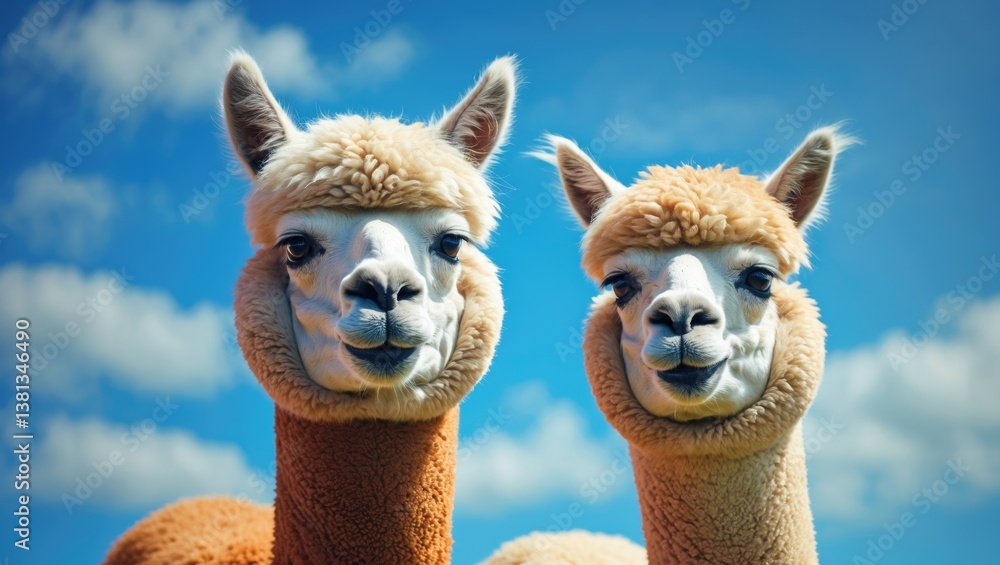 Obraz premium Portrait of two alpacas against a blue sky backdrop.