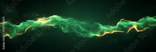 A vibrant energy wave of green light, unevenly glowing with golden flecks spreading dynamically