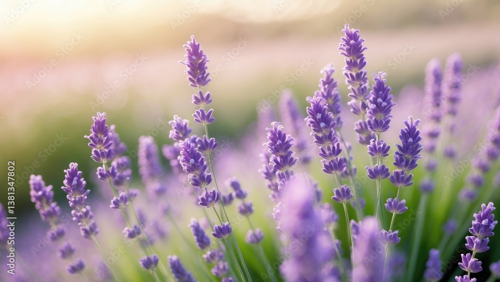 Naklejka premium Blooming field. Close-up of sprigs against a blurred background. Culture of essential oil. Concept of aromatherapy. Oil. Cosmetology.
