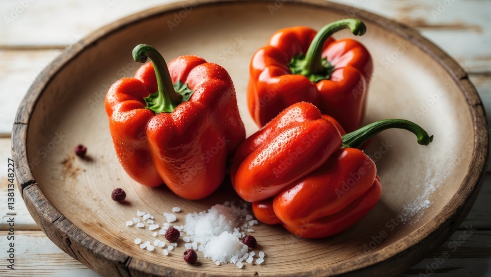 Plate featuring ripe paprika peppers on a white wooden background, viewed from above. Plate featuring ripe paprika peppers on a white wooden background, viewed from above.