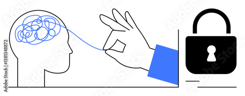 Hand untangles chaotic thoughts from head, connecting to a closed lock. Ideal for mental clarity, problem-solving, security, mindfulness, focus, intellectual property conceptual thinking. Flat