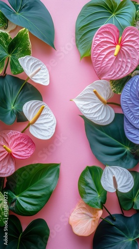Vibrant Arrangement of Colorful Flowers and Lush Green Leaves on a Pink Background