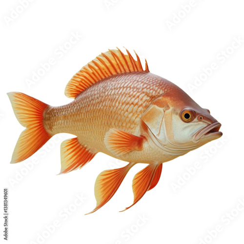 Orange goldfish with detailed fins, isolated and on a white background.
