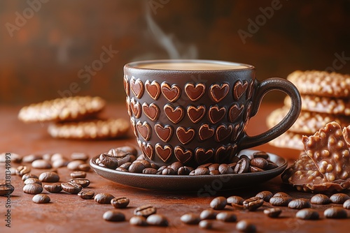 Warm Coffee Cup With Heart Design Alongside Chocolate Pieces and Coffee Beans