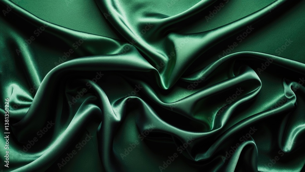 Fototapeta premium Silk satin background in black and green. Space for text or product. Soft wavy folds on shiny fabric. View from above. Luxurious dark green backdrop.