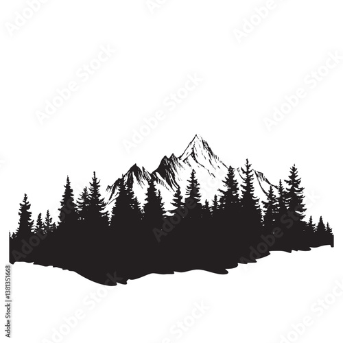 Silhouette of a mountain in a snowy winter landscape with pine trees and foggy clouds in the sky