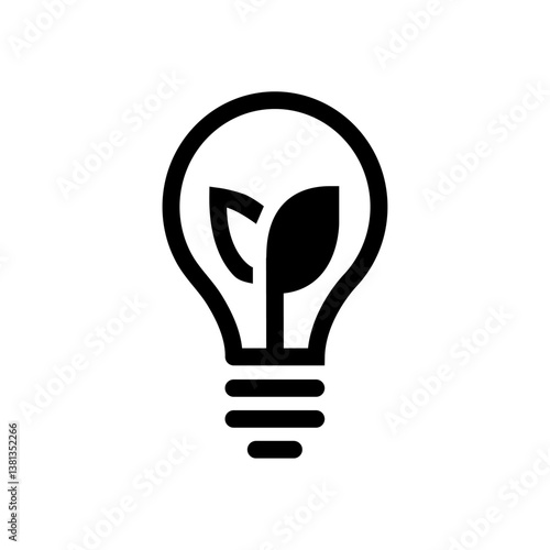 A black and white minimalist icon of a light bulb with a small leaf inside, symbolizing eco-friendly technology, renewable energy, and sustainability. 