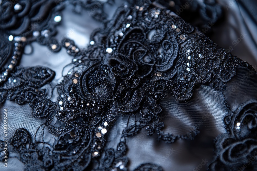 Obraz premium Detailed close up of a black beaded dress with intricate lace patterns Intricate patterns of black lace overlaying a glossy finish .
