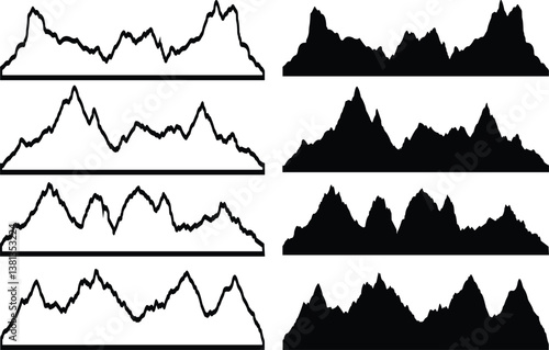 Mountain peaks silhouettes icon in flat, line set. Isolated on transparent background