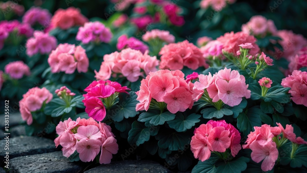 Fototapeta premium Blooming vibrant pink and red flowers in close-up, floral wallpaper backdrop featuring pink and red flowers.