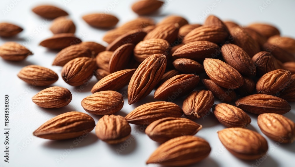 Group of roasted almonds arranged on a white background. Group of roasted almonds arranged on a white background.