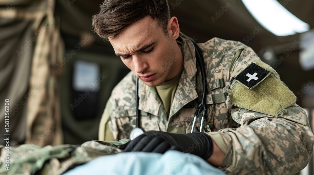 Fototapeta premium Military medic assisting wounded soldier field hospital photography emergency response close-up courage in chaos